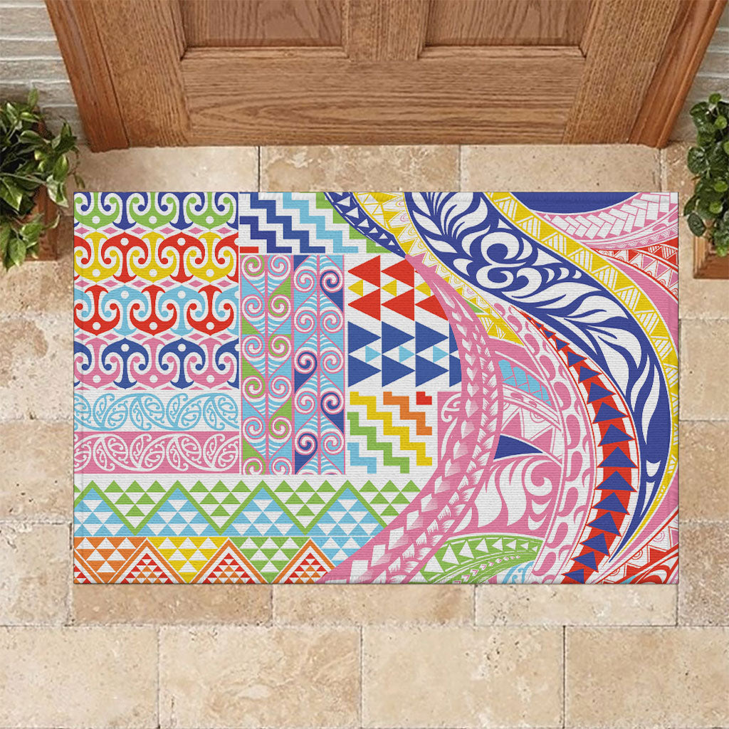 Maori Kowhaiwhai Taniko Patchwork Rainbow Motifs Rubber Doormat