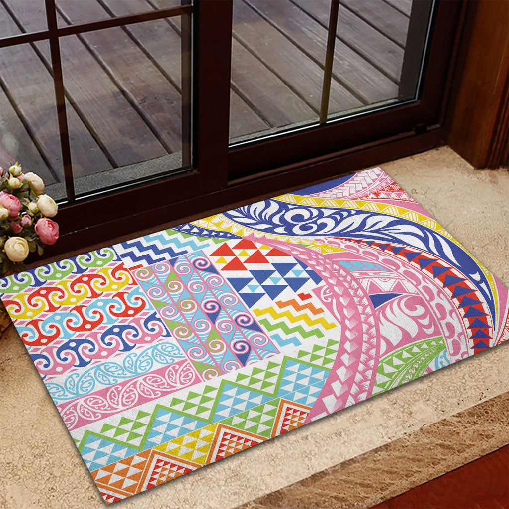 Maori Kowhaiwhai Taniko Patchwork Rainbow Motifs Rubber Doormat