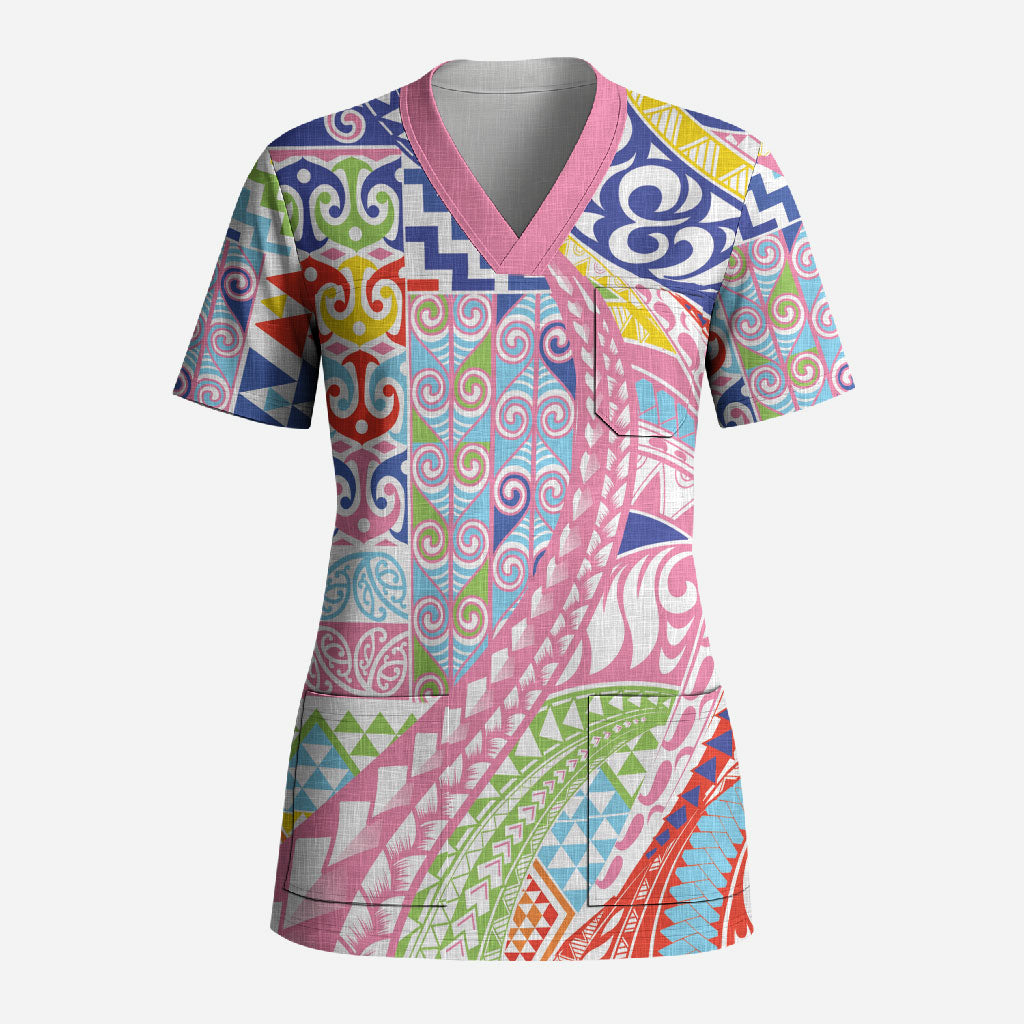 Maori Kowhaiwhai Taniko Patchwork Rainbow Motifs Scrub Top