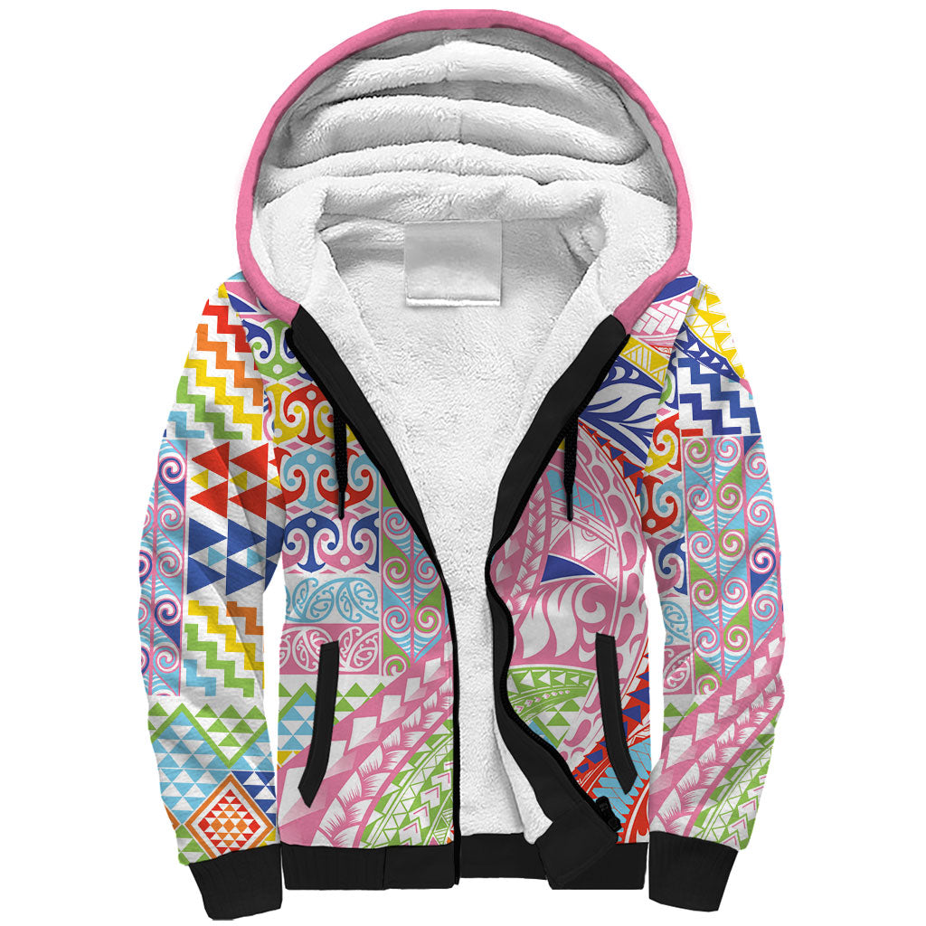 Maori Kowhaiwhai Taniko Patchwork Rainbow Motifs Sherpa Hoodie