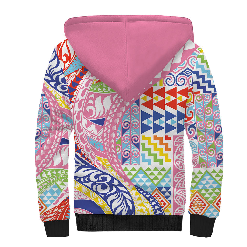 Maori Kowhaiwhai Taniko Patchwork Rainbow Motifs Sherpa Hoodie