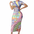 Maori Kowhaiwhai Taniko Patchwork Rainbow Motifs Short Sleeve Bodycon Dress