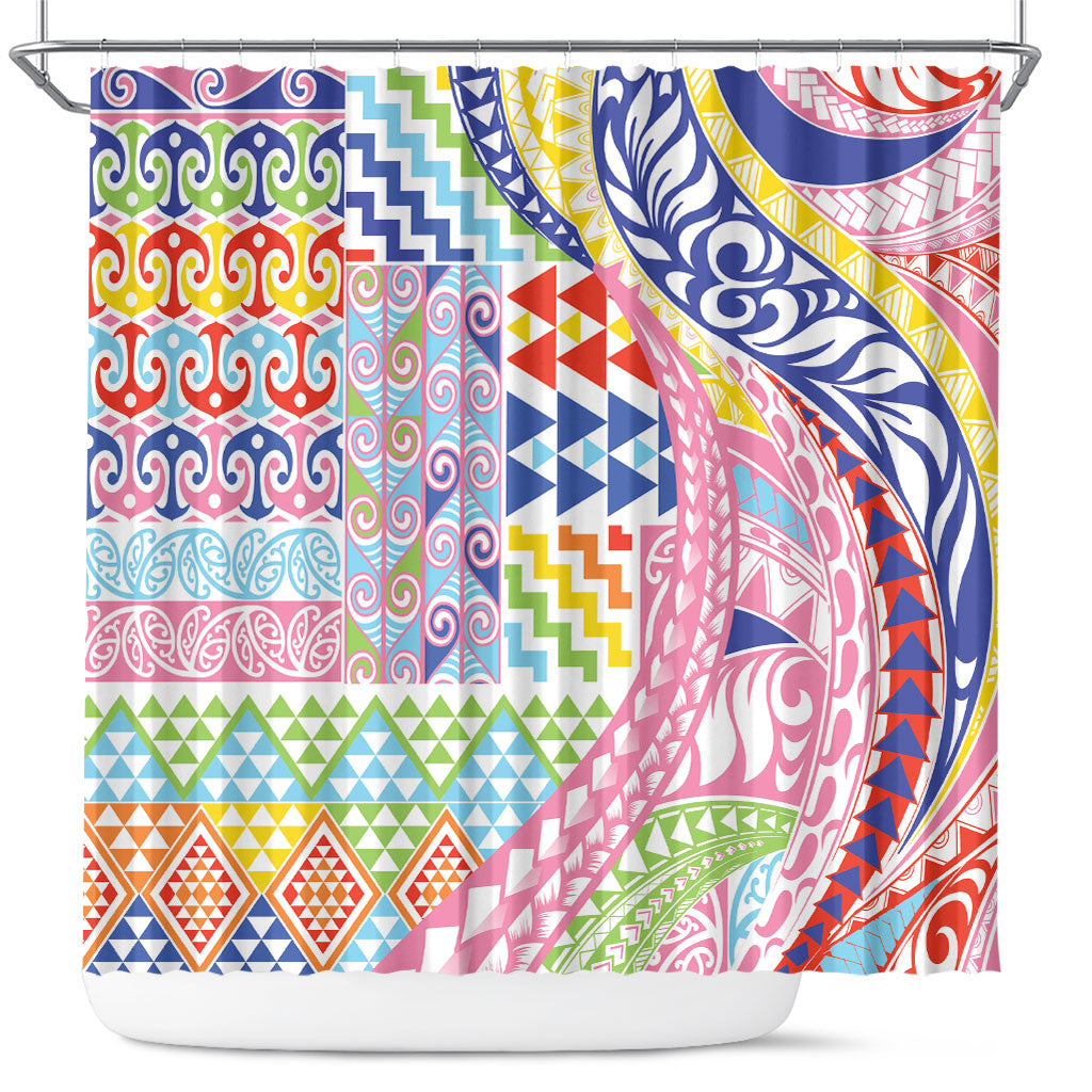 Maori Kowhaiwhai Taniko Patchwork Rainbow Motifs Shower Curtain