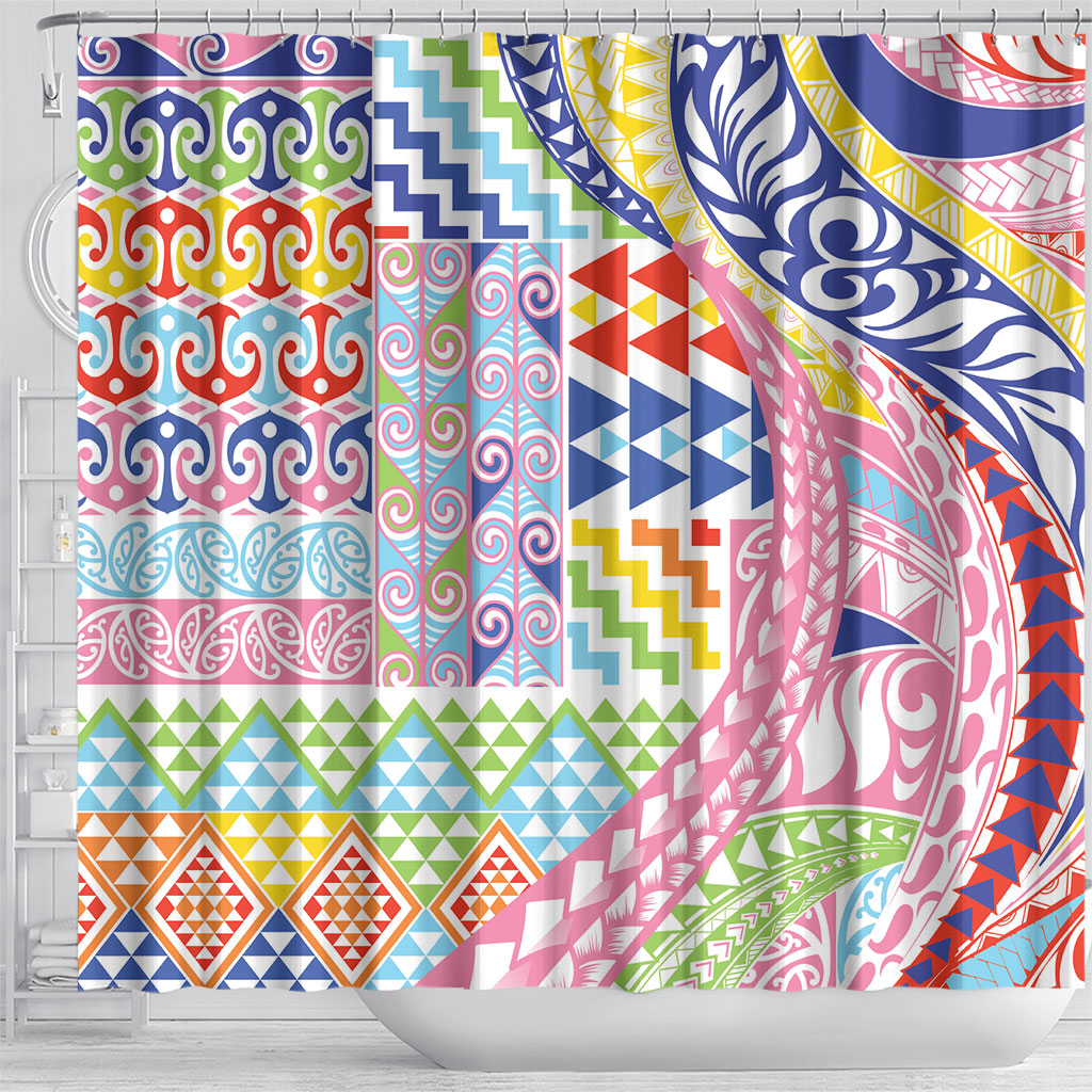 Maori Kowhaiwhai Taniko Patchwork Rainbow Motifs Shower Curtain