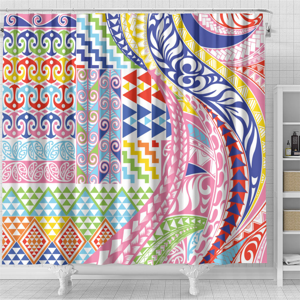 Maori Kowhaiwhai Taniko Patchwork Rainbow Motifs Shower Curtain