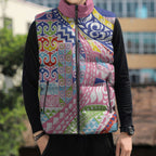 Maori Kowhaiwhai Taniko Patchwork Rainbow Motifs Sleeveless Puffer Jacket