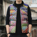 Maori Kowhaiwhai Taniko Patchwork Rainbow Motifs Sleeveless Puffer Jacket