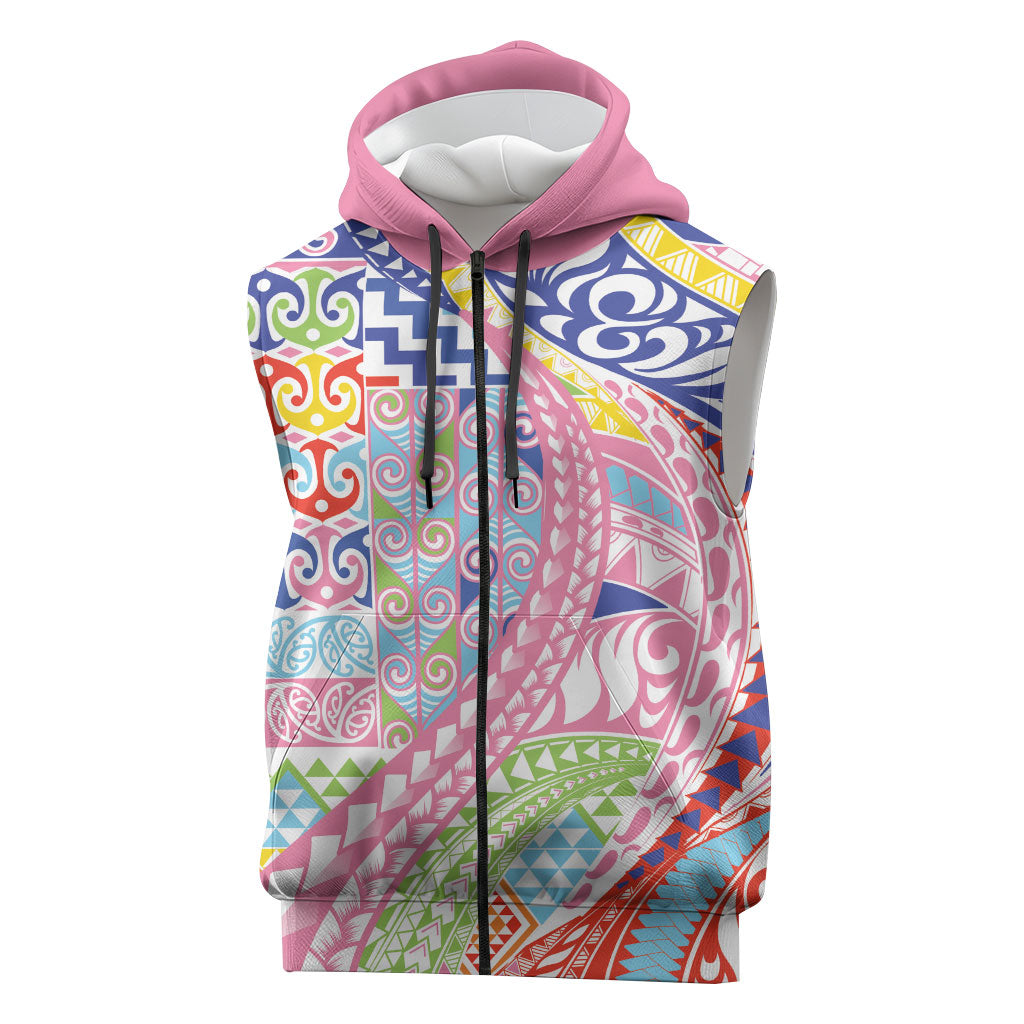 Maori Kowhaiwhai Taniko Patchwork Rainbow Motifs Sleeveless Zip Hoodie