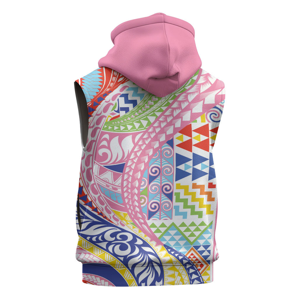 Maori Kowhaiwhai Taniko Patchwork Rainbow Motifs Sleeveless Zip Hoodie