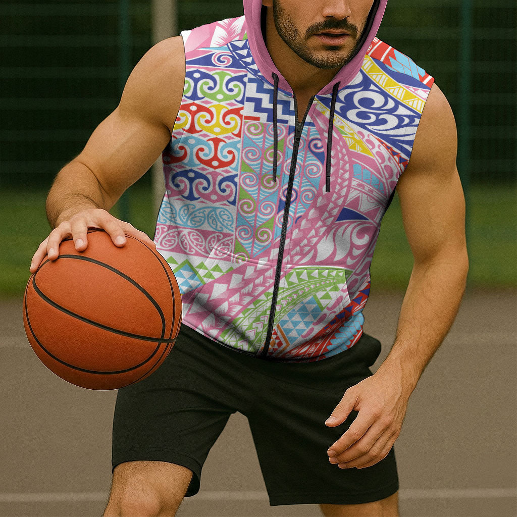 Maori Kowhaiwhai Taniko Patchwork Rainbow Motifs Sleeveless Zip Hoodie