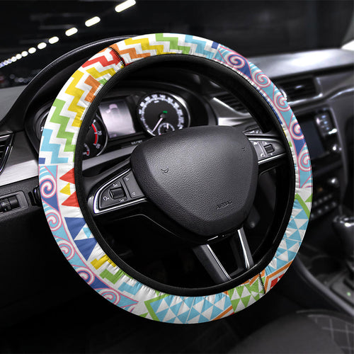 Maori Kowhaiwhai Taniko Patchwork Rainbow Motifs Steering Wheel Cover