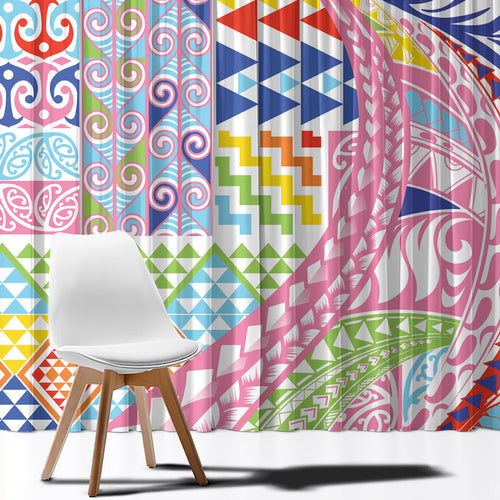 Maori Kowhaiwhai Taniko Patchwork Rainbow Motifs Window Curtain
