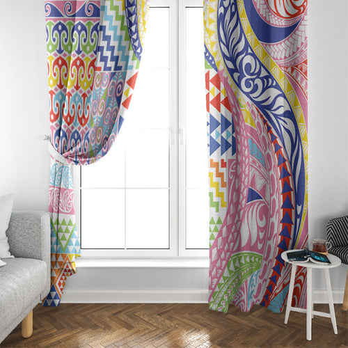 Maori Kowhaiwhai Taniko Patchwork Rainbow Motifs Window Curtain