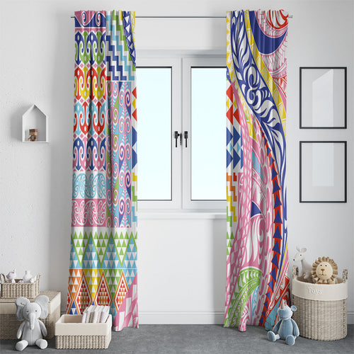 Maori Kowhaiwhai Taniko Patchwork Rainbow Motifs Window Curtain