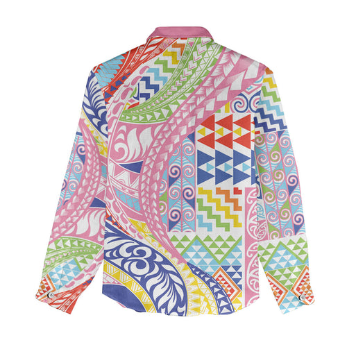Maori Kowhaiwhai Taniko Patchwork Rainbow Motifs Women Casual Shirt