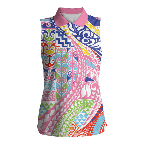 Maori Kowhaiwhai Taniko Patchwork Rainbow Motifs Women Sleeveless Polo Shirt