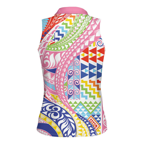 Maori Kowhaiwhai Taniko Patchwork Rainbow Motifs Women Sleeveless Polo Shirt
