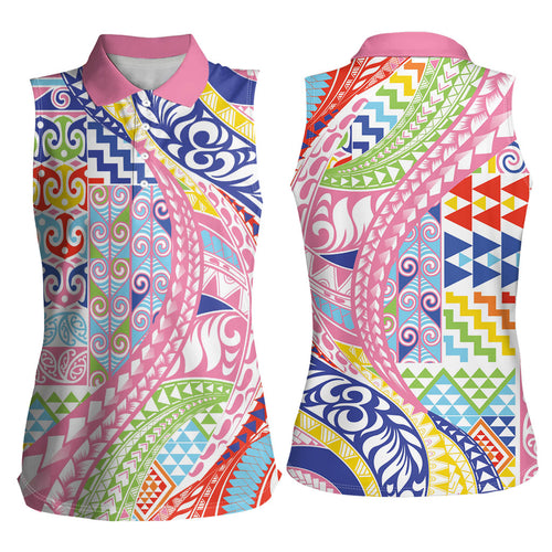 Maori Kowhaiwhai Taniko Patchwork Rainbow Motifs Women Sleeveless Polo Shirt