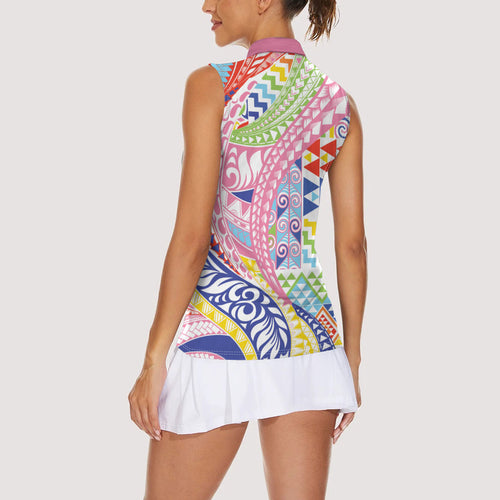 Maori Kowhaiwhai Taniko Patchwork Rainbow Motifs Women Sleeveless Polo Shirt