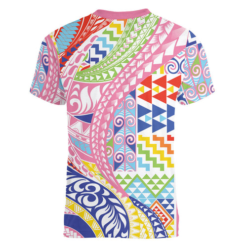 Maori Kowhaiwhai Taniko Patchwork Rainbow Motifs Women V-Neck T-Shirt