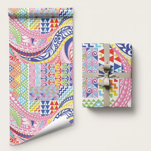 Maori Kowhaiwhai Taniko Patchwork Rainbow Motifs Wrapping Paper