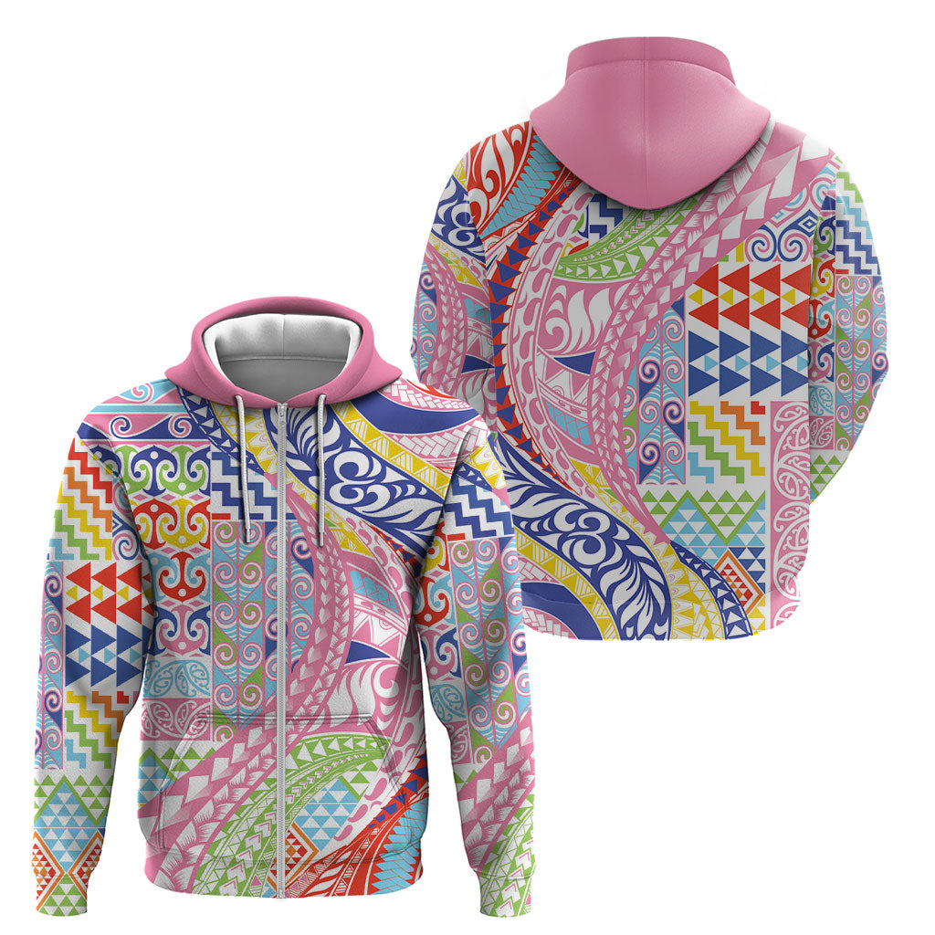 Maori Kowhaiwhai Taniko Patchwork Rainbow Motifs Zip Hoodie