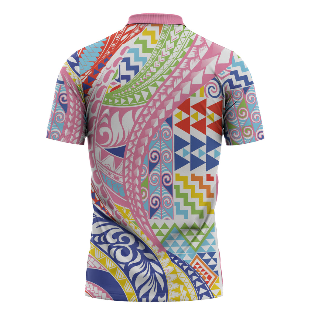 Maori Kowhaiwhai Taniko Patchwork Rainbow Motifs Zipper Polo Shirt