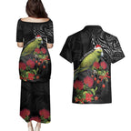 Meri Kirihimete Kakapo Couples Matching Puletasi and Hawaiian Shirt Black Silver Fern Christmas Vibe