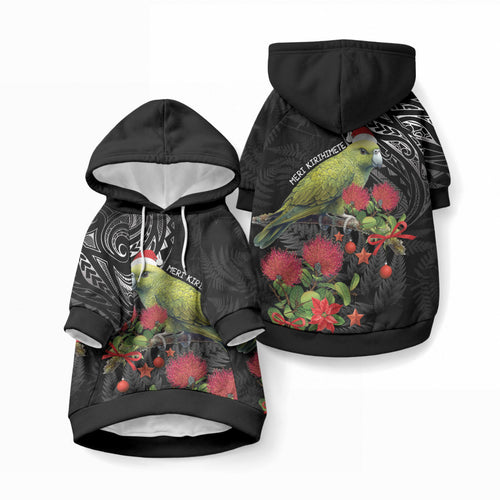 Meri Kirihimete Kakapo Pet Hoodie Black Silver Fern Christmas Vibe