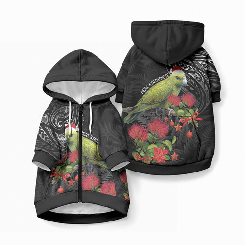 Meri Kirihimete Kakapo Pet Hoodie Black Silver Fern Christmas Vibe
