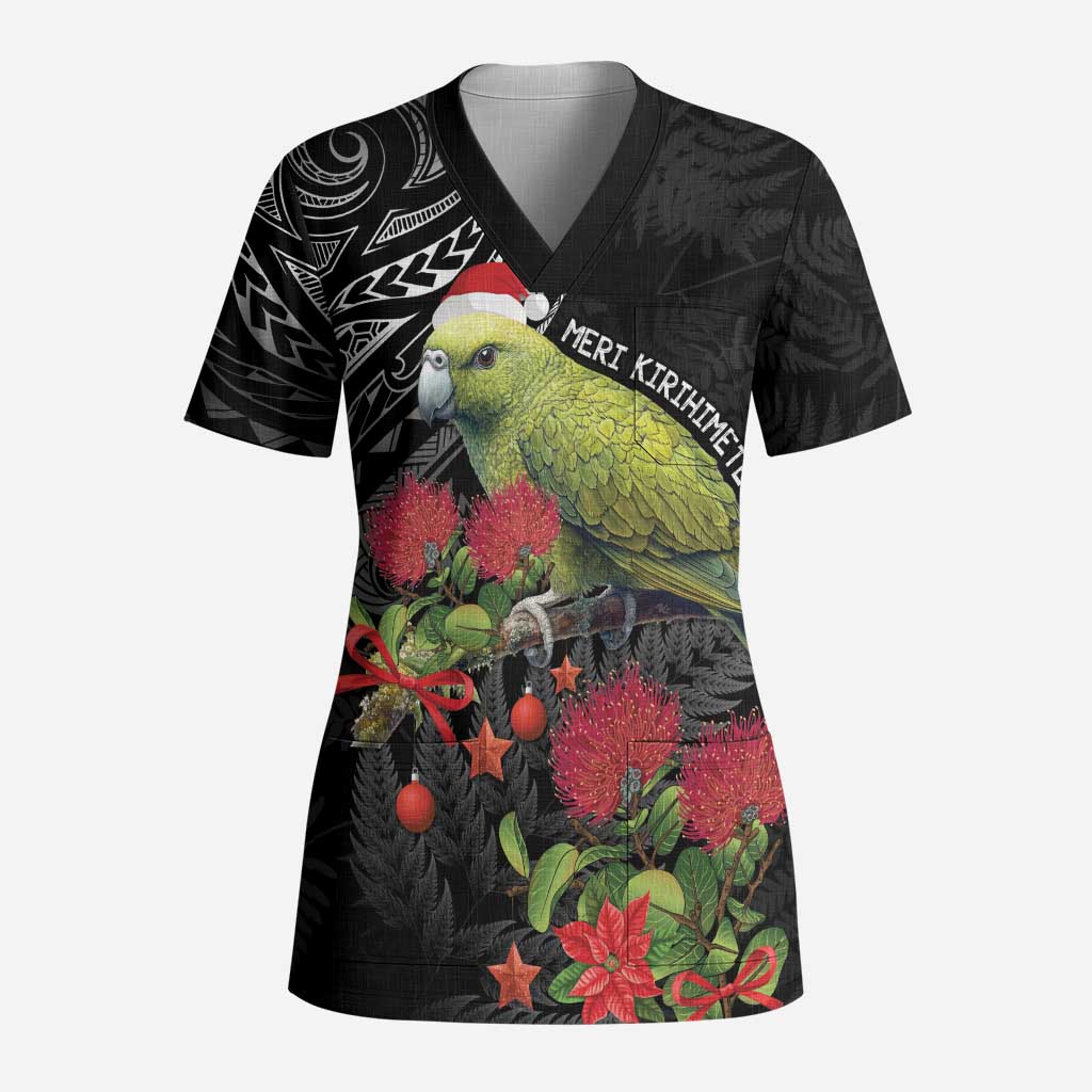 Meri Kirihimete Kakapo Scrub Top Black Silver Fern Christmas Vibe - Aussie Hoodie