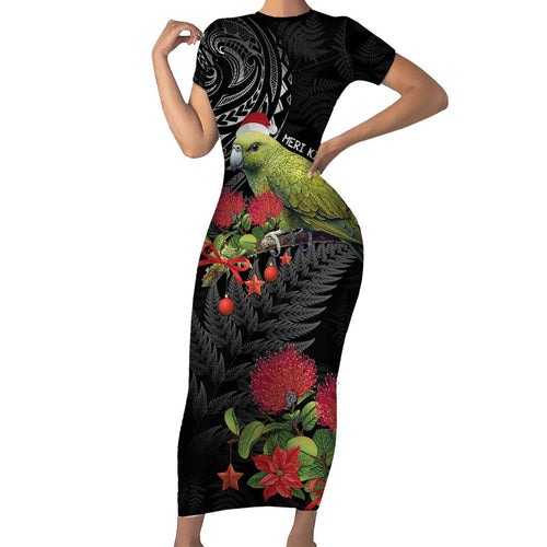 Meri Kirihimete Kakapo Short Sleeve Bodycon Dress Black Silver Fern Christmas Vibe