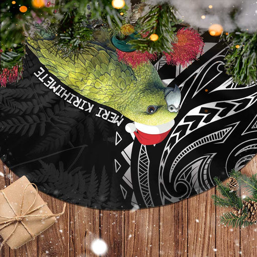 Meri Kirihimete Kakapo Tree Skirt Black Silver Fern Christmas Vibe