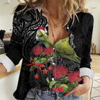 Meri Kirihimete Kakapo Women Casual Shirt Black Silver Fern Christmas Vibe