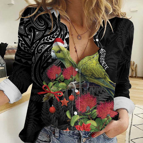 Meri Kirihimete Kakapo Women Casual Shirt Black Silver Fern Christmas Vibe