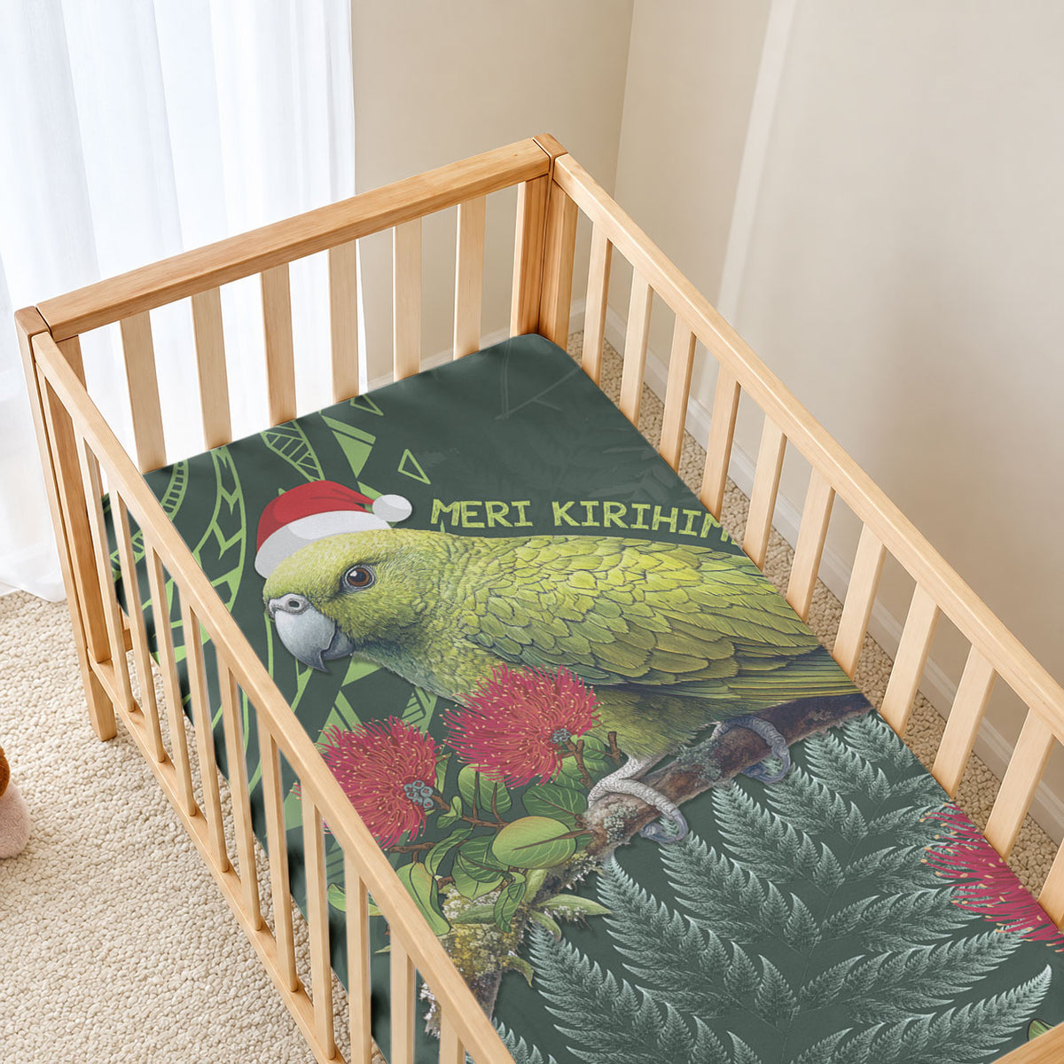 Meri Kirihimete Kakapo Baby Bed Cover Green Silver Fern Christmas Vibe