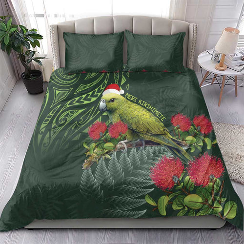 Meri Kirihimete Kakapo Bedding Set Green Silver Fern Christmas Vibe