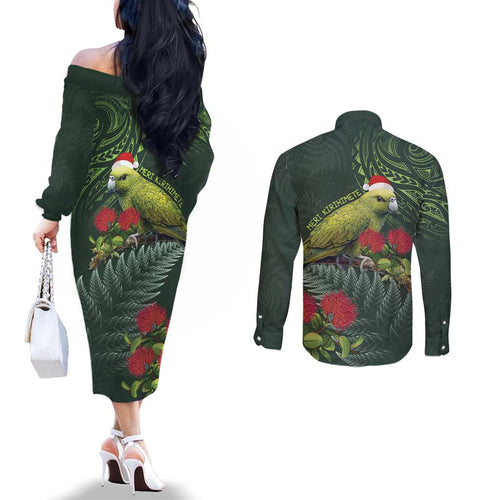 Meri Kirihimete Kakapo Couples Matching Off The Shoulder Long Sleeve Dress and Long Sleeve Button Shirt Green Silver Fern Christmas Vibe
