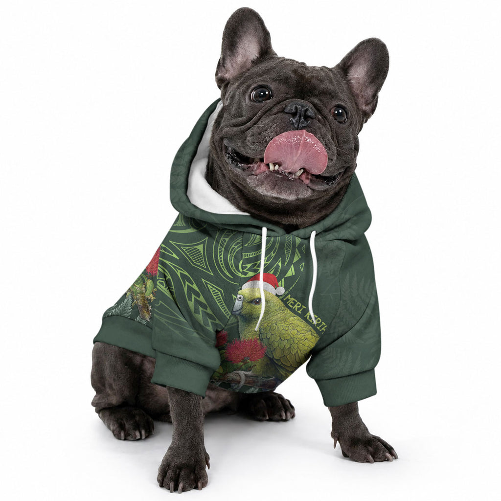 Meri Kirihimete Kakapo Pet Hoodie Green Silver Fern Christmas Vibe
