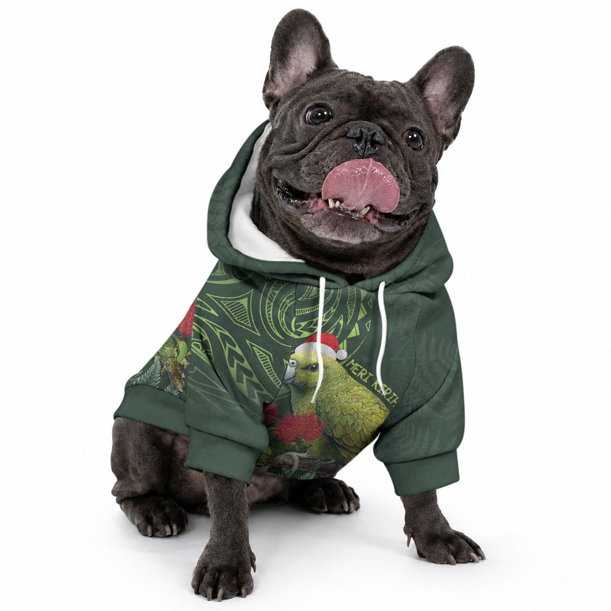 Meri Kirihimete Kakapo Pet Hoodie Green Silver Fern Christmas Vibe