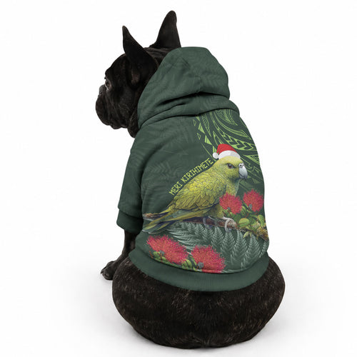 Meri Kirihimete Kakapo Pet Hoodie Green Silver Fern Christmas Vibe
