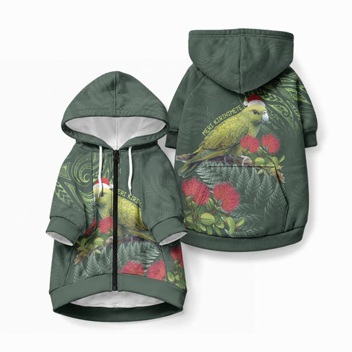 Meri Kirihimete Kakapo Pet Hoodie Green Silver Fern Christmas Vibe