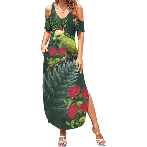 Meri Kirihimete Kakapo Summer Maxi Dress Green Silver Fern Christmas Vibe