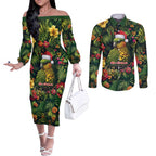 Meri Kirihimete Kakapo Couples Matching Off The Shoulder Long Sleeve Dress and Long Sleeve Button Shirt New Zealand Christmas with Tropical Vibe