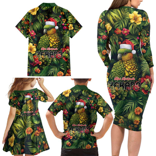 Meri Kirihimete Kakapo Family Matching Long Sleeve Bodycon Dress and Hawaiian Shirt New Zealand Christmas with Tropical Vibe