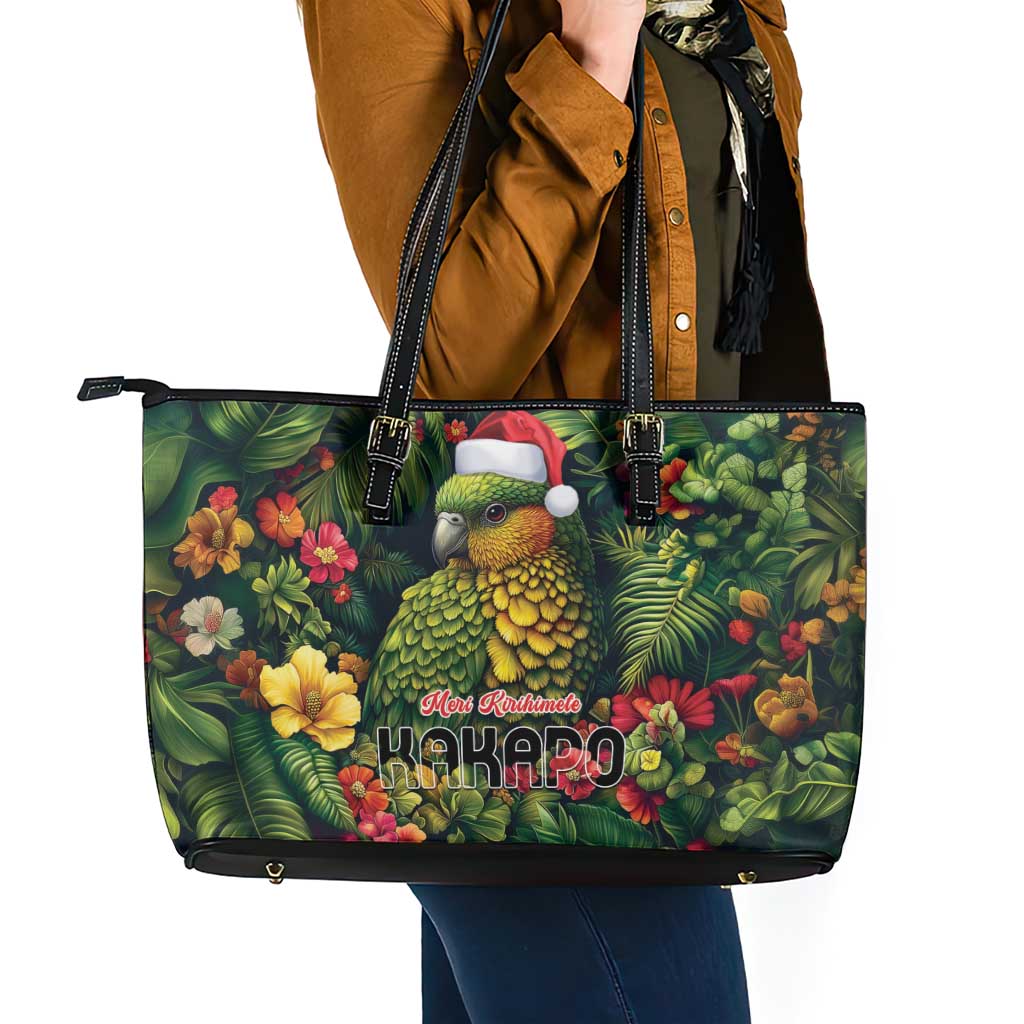 Meri Kirihimete Kakapo Leather Tote Bag New Zealand Christmas with Tropical Vibe