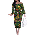Meri Kirihimete Kakapo Off The Shoulder Long Sleeve Dress New Zealand Christmas with Tropical Vibe
