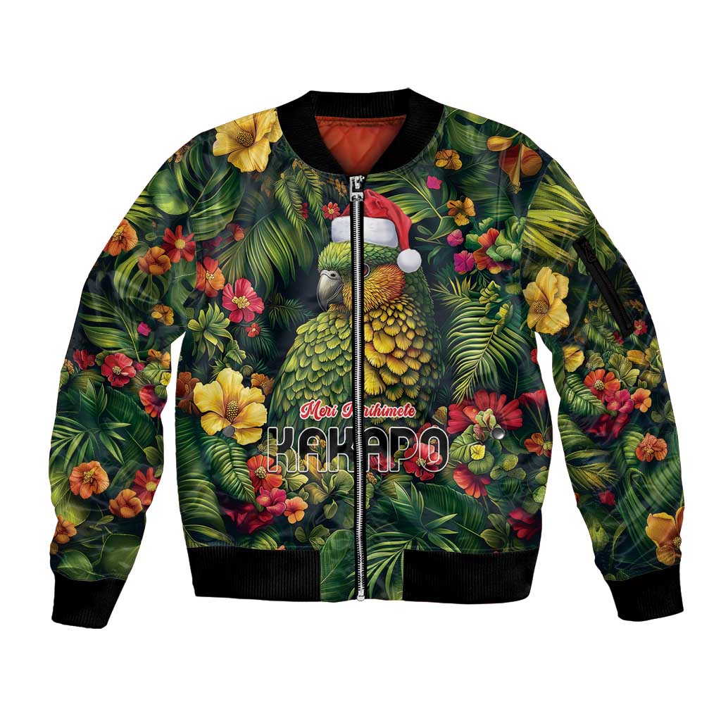 Meri Kirihimete Kakapo Sleeve Zip Bomber Jacket New Zealand Christmas with Tropical Vibe