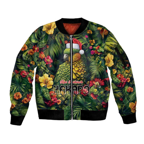 Meri Kirihimete Kakapo Sleeve Zip Bomber Jacket New Zealand Christmas with Tropical Vibe