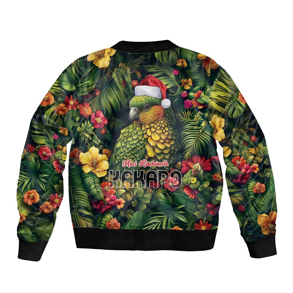 Meri Kirihimete Kakapo Sleeve Zip Bomber Jacket New Zealand Christmas with Tropical Vibe